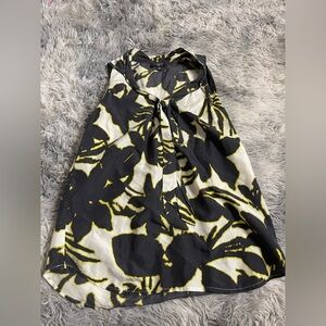 Ann Taylor 100% Silk Sleeveless Blouse Size 2 Black Yellow Floral Print Tie Neck